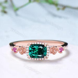 Einzigartige smaragd Ehering Halo Diamant Blumen Smaragd Verlobungsring Art-Deco-Roségold rosa Turmalin Jubiläumsring