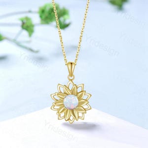 Vintage Sunflower White Opal Pendant Necklace fire opal leafy necklace elegant spinner pendant October birthstone anniversary gifts for mom