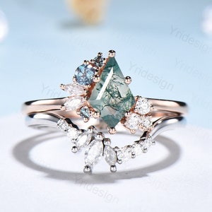 Vintage Kite cut moss agate ring rose gold silver unique moss agate engagement ring cluster alexandrite bridal wedding ring set women gift