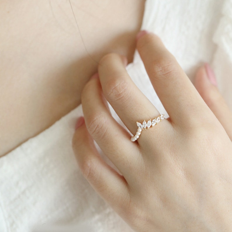Pearl and Moissanite Ring Unique Anniversary Ring 14k 18k gold bridal ring Curved matching band Fresh water Pearl Wedding Ring For Women