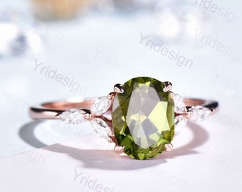 Natural Peridot Engagement Ring / Oval Green Peridot Ring For Women / Vintage Rose Gold Cluster Ring August Birthstone bridal promise ring