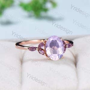 Vintage Lavender Amethyst Engagement Ring Unique Seven Stone Marquise Amethyst Ring Purple Crystal Wedding Ring Women February Birthstone