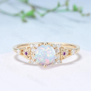 Einzigartiger weißer Opal Verlobungsring Vintage Blumenmuster Feueropal Ring natürliche inspiriert Blatt Rebe Cluster Amethyst Braut Ehering Frauen