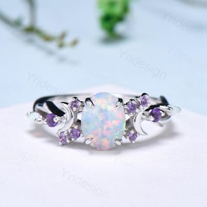 Einzigartige Oval Weißer Opal Verlobungsring Vintage Feuer Opal Mond Split Schaft Ehering Zweig Amethyst Ehering Versprechen Geschenk für Frauen