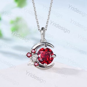 Vintage Crescent moon Ruby pendant necklace cluster moissanite moon pendant necklace 14k/18k rose gold star necklace promise gift for women
