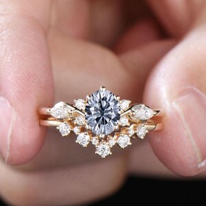 1 Carat Oval Gray Moissanite Engagement Ring Set, Cluster Marquise Moissanite Diamond Bridal Ring Set Unique Twisted Moissanite Bridal Set