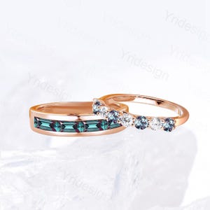 Couples alexandrite ring set rose gold baguette color change wedding ring, men and women His Hers engagement ring unique anniversary gift