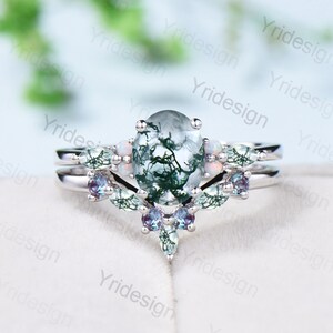 ensemble de bagues de fiançailles en agate mousse ovale vintage Ensemble de mariage unique en or rose | Bague d’empilage d’alexandrite opale art déco | ensemble de bagues de promesse de mariée