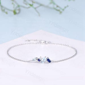 Elegant Pear Shaped Aquamarine Bracelet Multi-Stone Baguette Blue Sapphire Lobster Claw Bracelet Silver Gold Art Deco Anniversary Gift Women