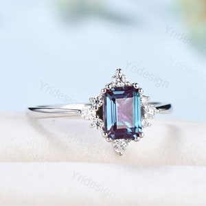 Elegant Emerald Cut Alexandrite Engagement Ring 14K White Gold Unique Vintage Alexandrite Moissanite Wedding Ring For Women June Birthstone