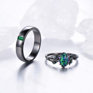 Couples ring set black gold fire opal wedding ring set emerald bridal ring men and women His Hers engagement ring promise anniversary gift