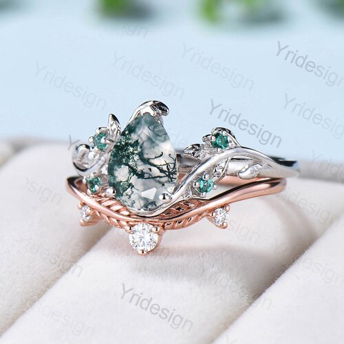 Pear Shaped Moss Agate Engagement Ring Set Natural Inspired Branch Twig shops Emerald Wedding Set Women Unique Leaf green crystal promise ring