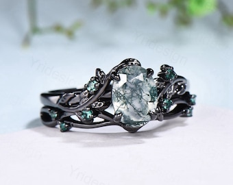 Unique black gold moss agate ring set Nature Inspired aquatic agate engagement ring vintage cluster emerald Leaf wedding ring set for women