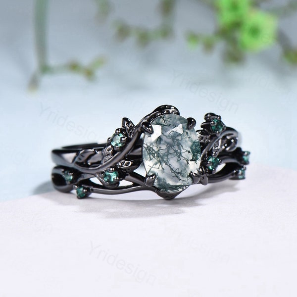 Unique black gold moss agate ring set Nature Inspired aquatic agate engagement ring vintage cluster emerald Leaf wedding ring set for women