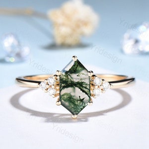 Long Hexagon cut moss agate ring vintage Green Agate engagement ring cluster moissanite diamond wedding ring art deco promise ring for women