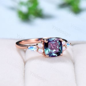 Vintage Cushion Alexandrite Ring Antique Cluster Marquise Moonstone Opal Engagement Ring Unique Art Deco June Birthstone Anniversary Gift