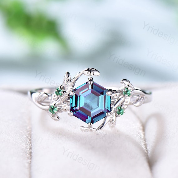Vintage Hexagon Alexandrite Ring Unique Natural Inspired Branch Cluster Emerald Wedding Ring Women Leaf Engagement Ring June Birthstone Ring Etsy