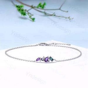 Elegantes Birnenförmiges Amethyst Armband Multi-Stein Baguette Alexandrit Hummerkralle Armband Silber Gold Art Deco Jahrestag Geschenk für Frauen