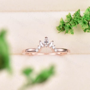 Art deco curved wedding band moissanite curved wedding ring marquise crown ring rose gold engagement anniversary stacking ring band gift