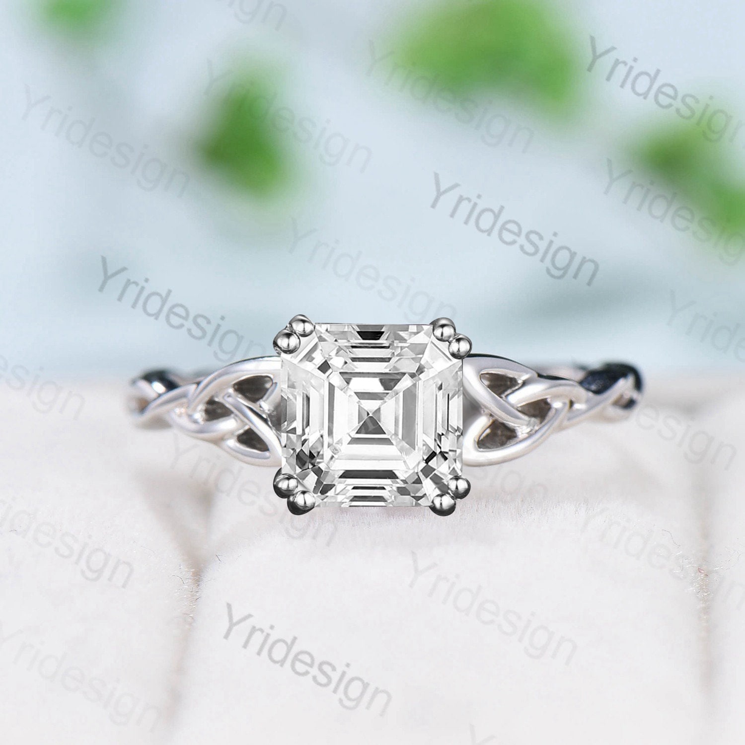 Norse Viking Asscher Moissanite Ring Celtic Love Knot Moissanite Engagement Ring White Gold Vintage Unique Twisted Wedding Ring For Women