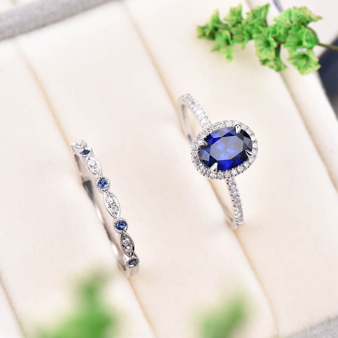 Oval Blue Sapphire Engagement Ring Set White Gold Diamond Halo - Etsy