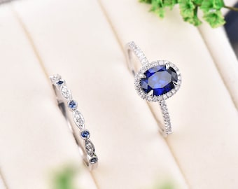 Oval Blue Sapphire Engagement Ring Set White gold diamond halo ring antique sapphire wedding ring set September birthstone bridal ring set