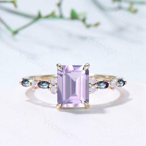 Unique Emerald Cut lavender amethyst Ring Marquise Alexandrite Opal Purple Engagement Ring February Birthstone Handmade Proposal Gifts Women