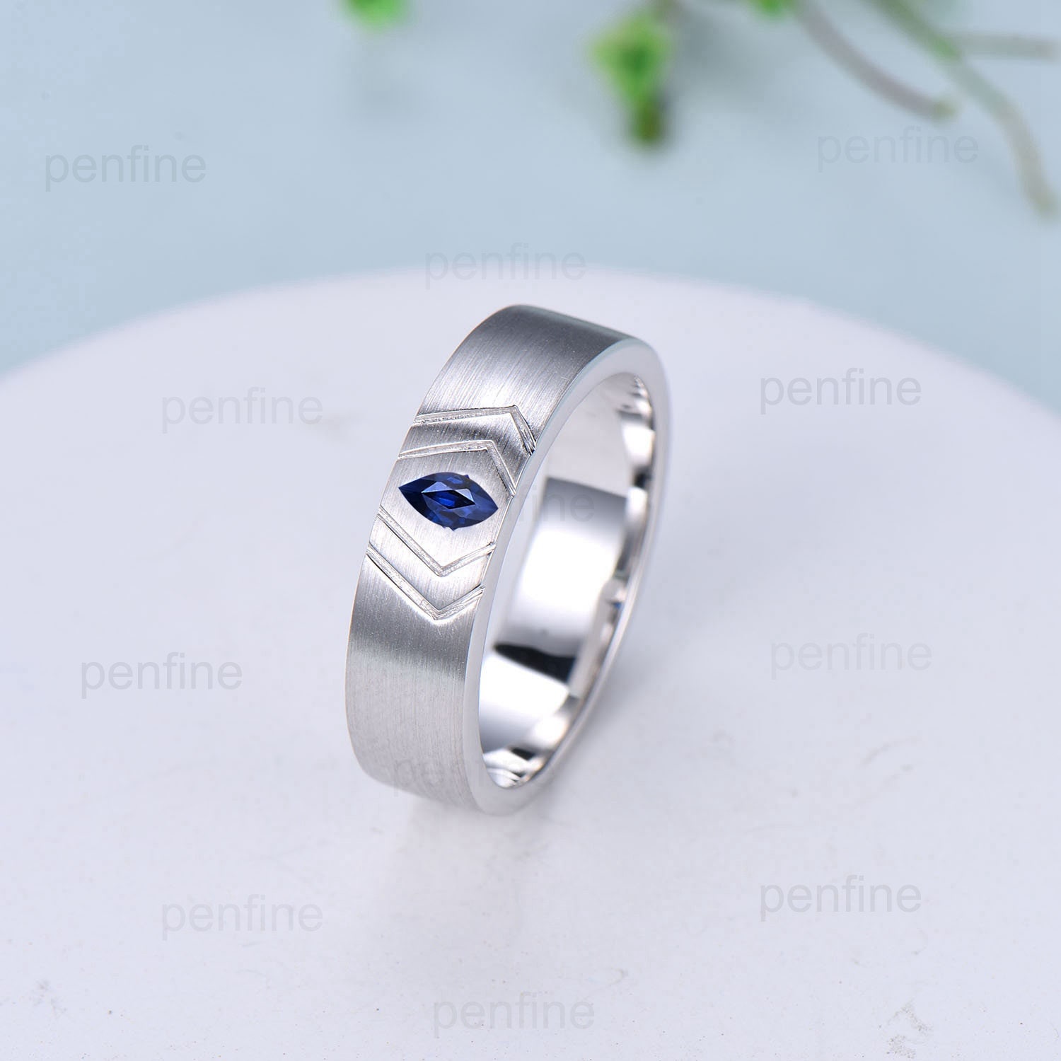 6mm Men's Marquise Cut Sapphire Ring Vintage Brushed Finished Solitaire Wedding Band Silver 14K Solid White Gold Unique Stacking Band Men