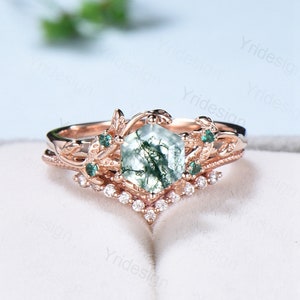 Elegant Hexagon Moss Agate Ring Set  Vintage Unique Aquatic Agate Engagement Ring Rose Gold Cluster Emerald Wedding Ring Women Bridal Set