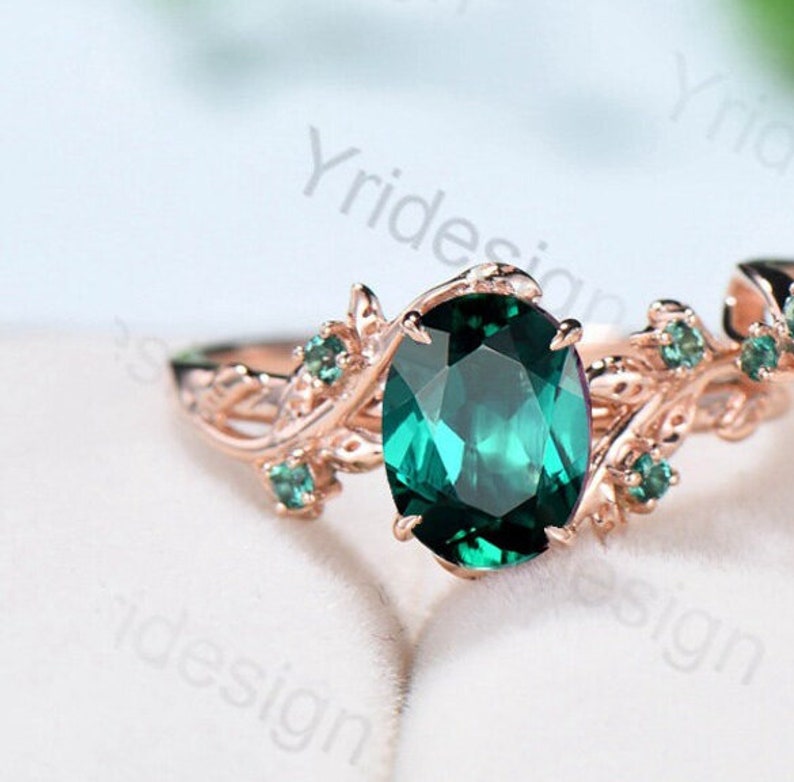 Nature Inspired Leaf emerald wedding ring set unique twig oval cut emerald engagement ring Art deco rose gold Branch anniversary ring gift image 10