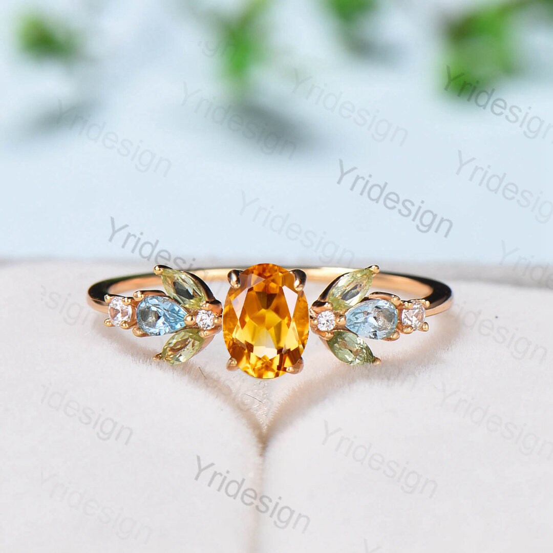 Unique Oval Citrine Engagement Rings Multistone Rings Marqusie Cut