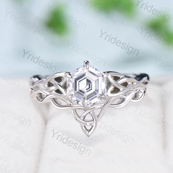 Norse Viking Hexagon Moissanite Ring Set Celtic Love Knot Moissanite Engagement Ring White Gold Unique Twisted Wedding Ring Set For Women