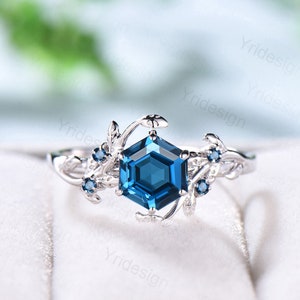 Twig London Blue Topaz Ring Vintage Hexagon cut Natural Inspired Leaf engagement ring white gold branch wedding ring November birthstone
