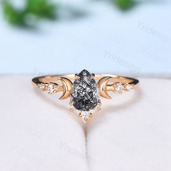 Vintage black rutilated quartz engagement ring rose gold Moon pear shaped antique promise ring art deco diamond wedding ring  for women