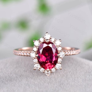 6x8mm Oval Ruby Ring Gold for Women Vintage Cluster Halo Moissanite ...