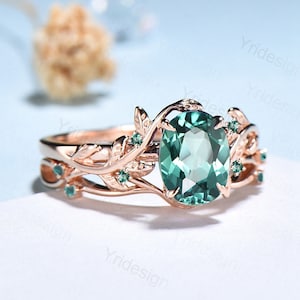 Natural Inspired Leaf green sapphire wedding ring set unique twig branch engagement ring Art deco rose gold cluster emerald women Bridal Set