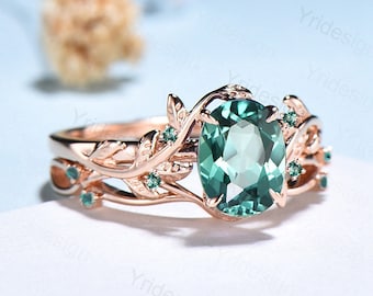 Natural Inspired Leaf green sapphire wedding ring set unique twig branch engagement ring Art deco rose gold cluster emerald women Bridal Set