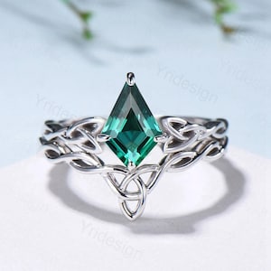Emerald Wedding Ring Set, Norse Viking Lab Emerald Engagement Ring, Celtic Knot May Birthstone Jewelry, White Gold 2Pcs Twisted Bridal Set