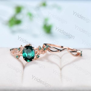 Nature Inspired Leaf emerald wedding ring set unique twig oval cut emerald engagement ring Art deco rose gold Branch anniversary ring gift image 4