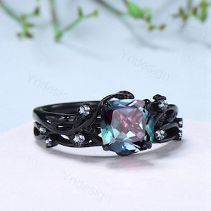 Nature inspired cushion cut alexandrite wedding ring set black gold unique gothic alexandrite engagement ring evil eye bridal set for women