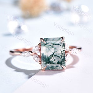 Vintage Emerald Cut Moss Agate Ring Rose Gold-14K/18K Art Deco Green Marquise Diamond Engagement Ring Wedding Ring Women Anniversary Ring