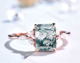 Anel vintage de ágata musgo com corte esmeralda, ouro rosa 14K/18K, anel de noivado com diamante verde marquise, anel de casamento feminino, anel de aniversário