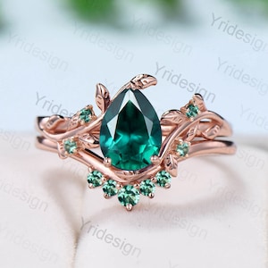 Elegant Pear Shaped Emerald Wedding Ring Set Vintage Unique Engagement Ring Leaf Cluster Women Nature Inspired Green Crystal Branch Ring