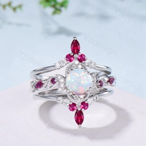 Vintage White Opal Engagement Ring Set Leaf Vine Nature Inspired Fire Opal Ruby Wedding Ring Five Stone Moissanite Bridal Ring Set for Women