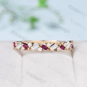 Vintage Fire Opal Ruby Eternity Wedding Band Women Unique Baguette White Opal Stackable Ring Marquise Ruby Matching Band Anniversary Gift