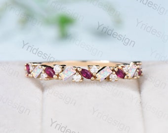 Vintage Fire Opal Ruby Eternity Wedding Band Women Unique Baguette White Opal Stackable Ring Marquise Ruby Matching Band Anniversary Gift