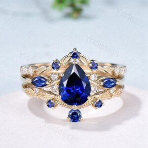 Vintage Sapphire engagement ring set yellow gold engagement ring Unique Bridal set leaf vine wedding Curved Anniversary Promise ring gift