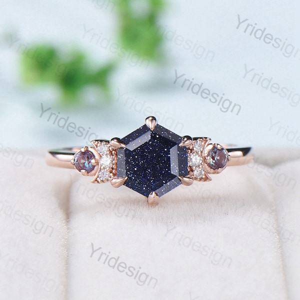 Celestial moon blue sandstone engagement ring hexagon cut Unique galaxy starry sky wedding ring vintage crescent moon Proposal Gifts Women