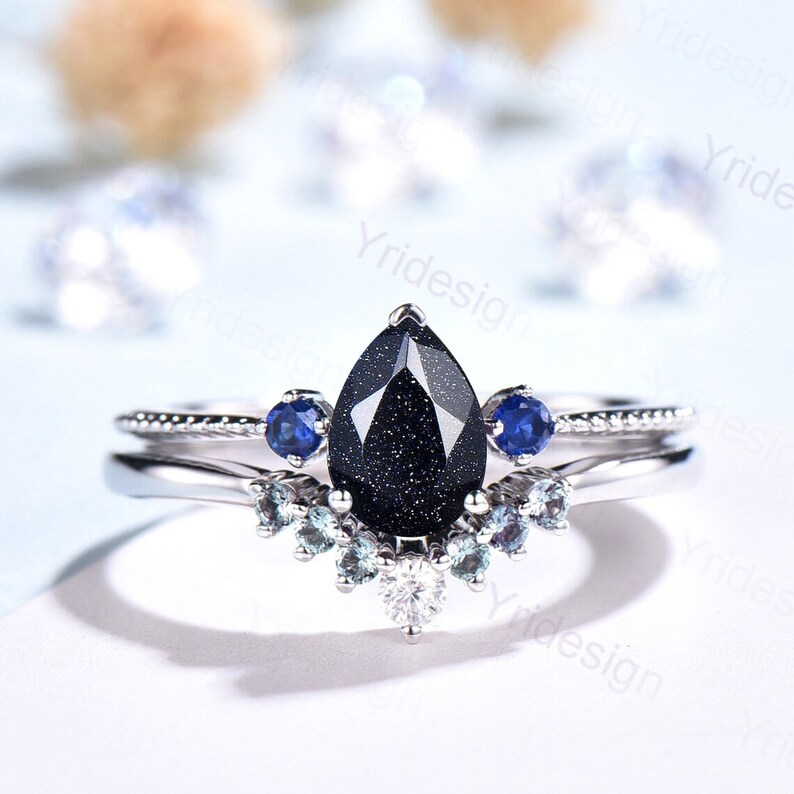 Three Stone Blue Sandstone Engagement Ring Set Geometric White - Etsy