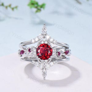 Vintage Red Ruby Engagement Ring Set Unique Leaves Nature Inspired Wedding Ring Rose Gold Art Deco Moissanite Bridal Ring Set for Women